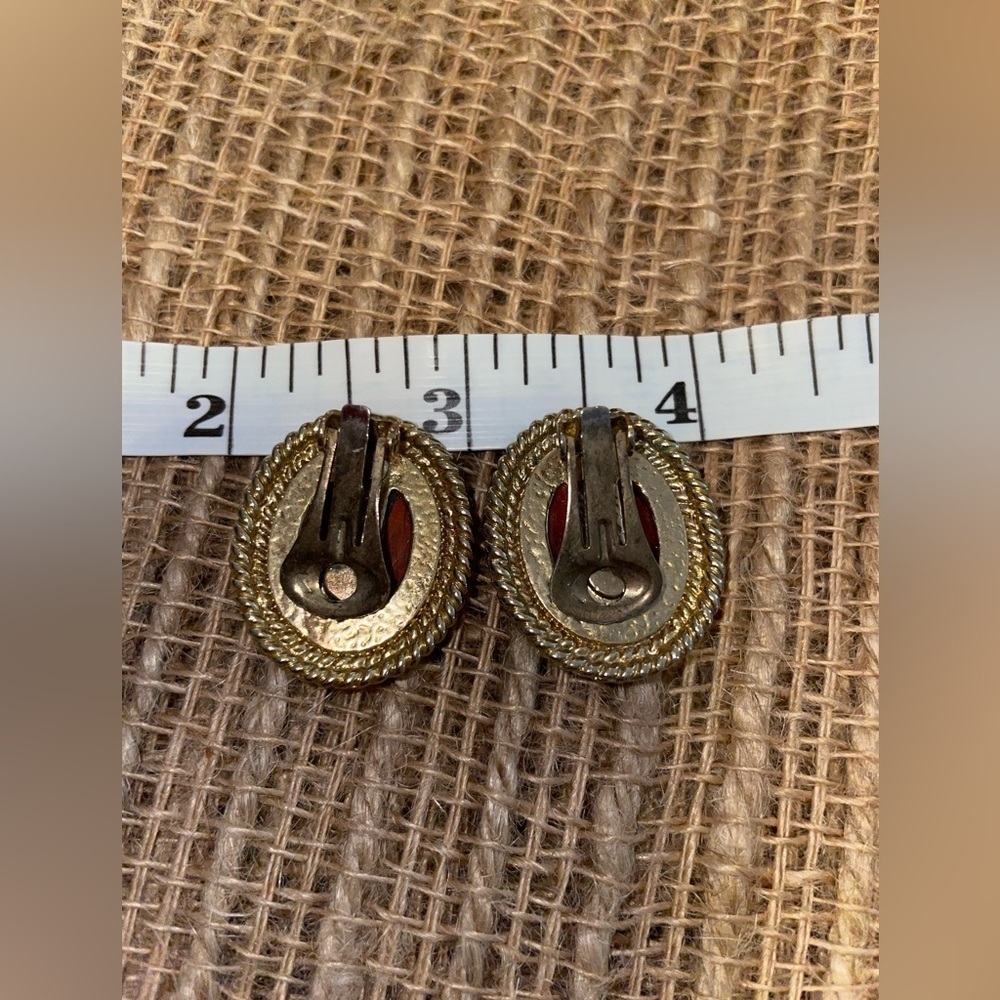 Rust Orange Stone Gold Tone Clip-On Statement Earrings - Picture 3 of 3